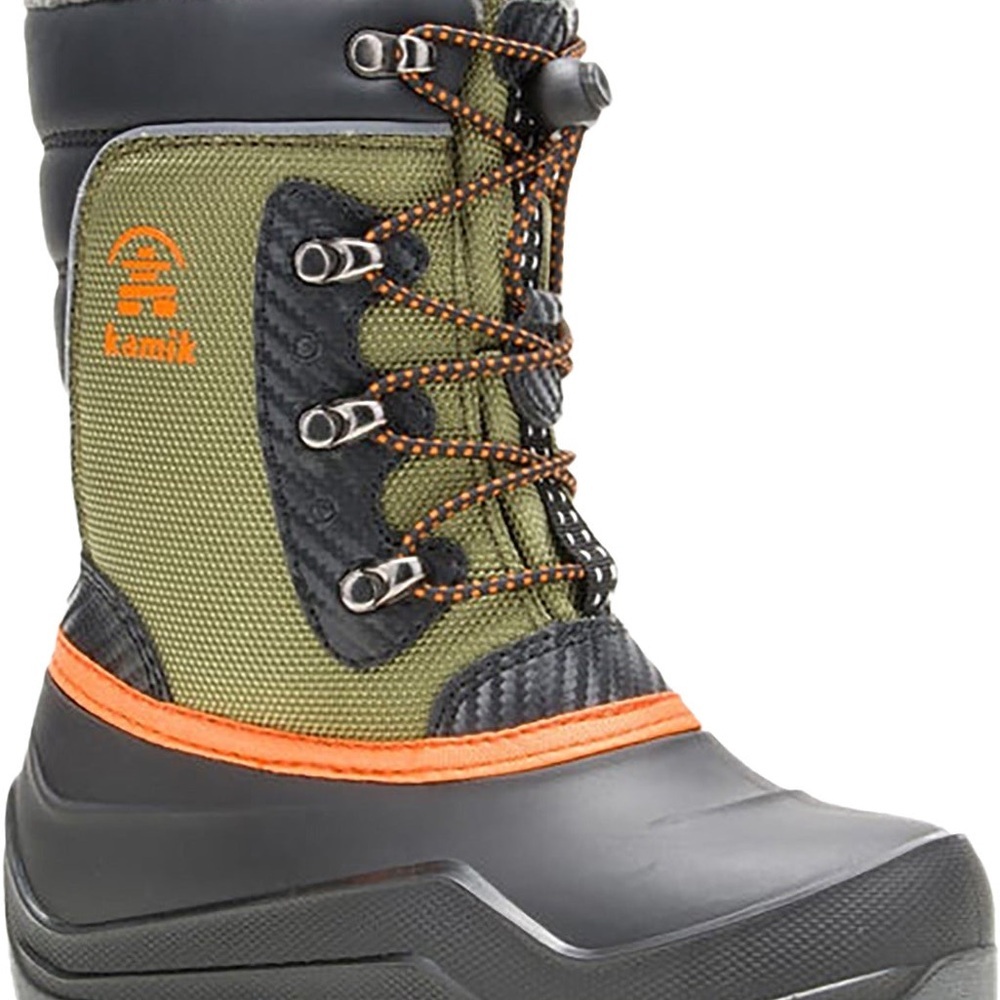 Size 5 Youth Kamik Kids' Green and Black Boots with Orange Accents